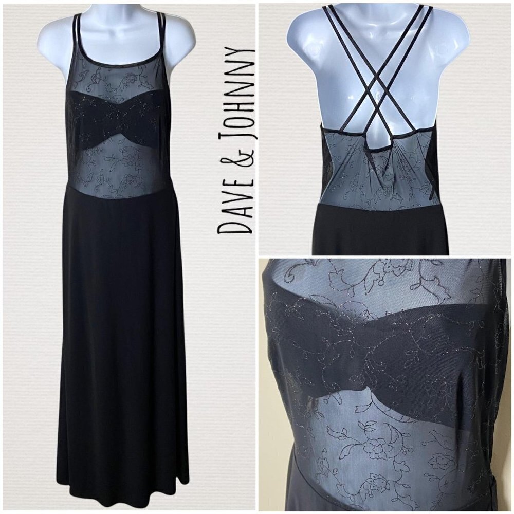 Vintage Dave & Johnny 6 Black Backless Mesh Formal Prom Homecoming Dress